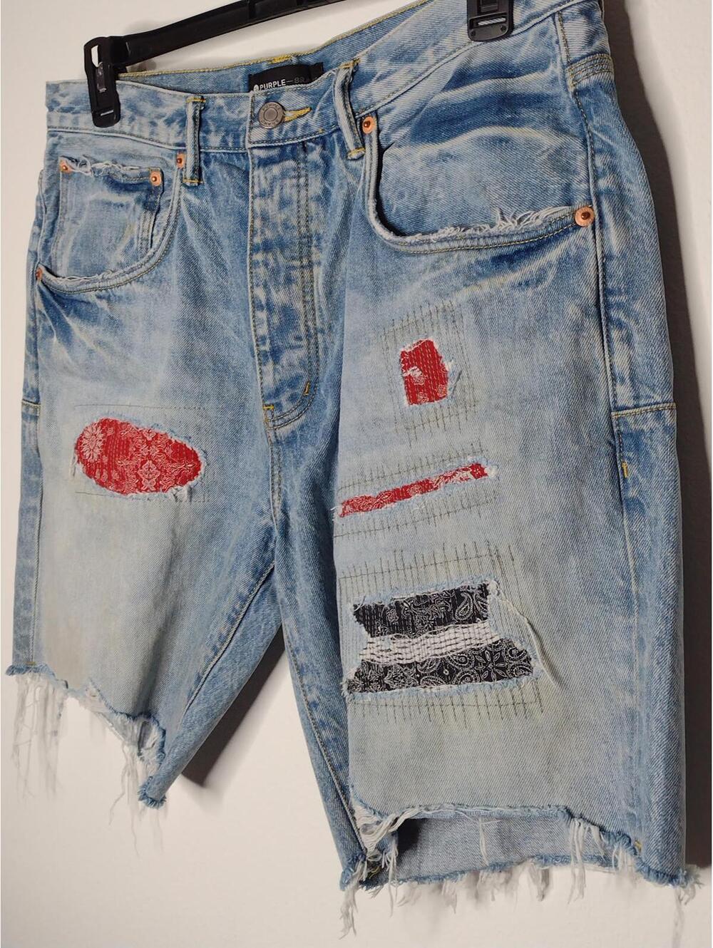 Preloved Purple Brand Men's P020 Bandana Patchwork Indigo Jean Shorts Size 36 - Picture 3 of 10